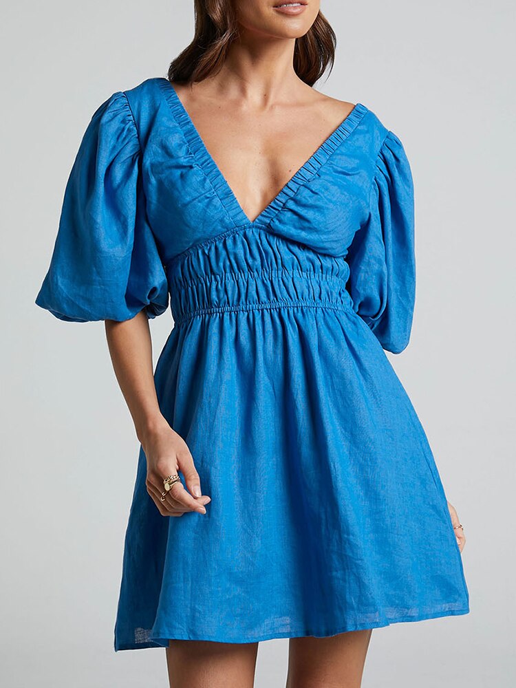Warmes Blaues Kleid mit Puffärmeln für dich jetzt kaufen