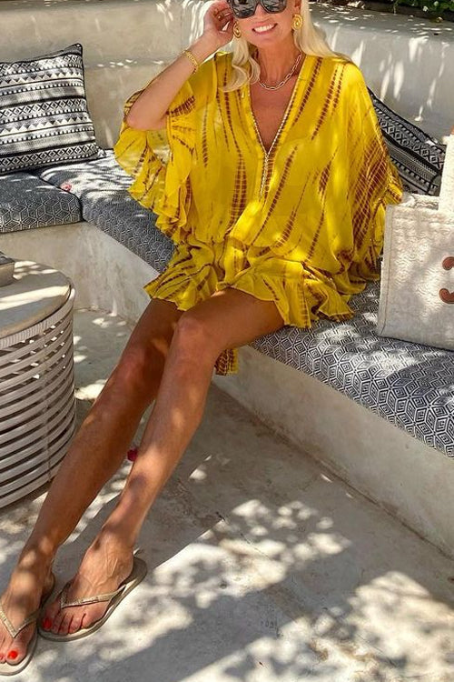 Schickes V-Ausschnitt Batwing Rüsche Mini Kleid