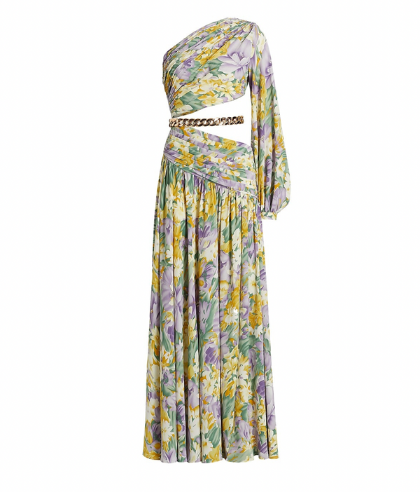 Weiches langärmliges Blumenkleid mit goldener Taillenkette