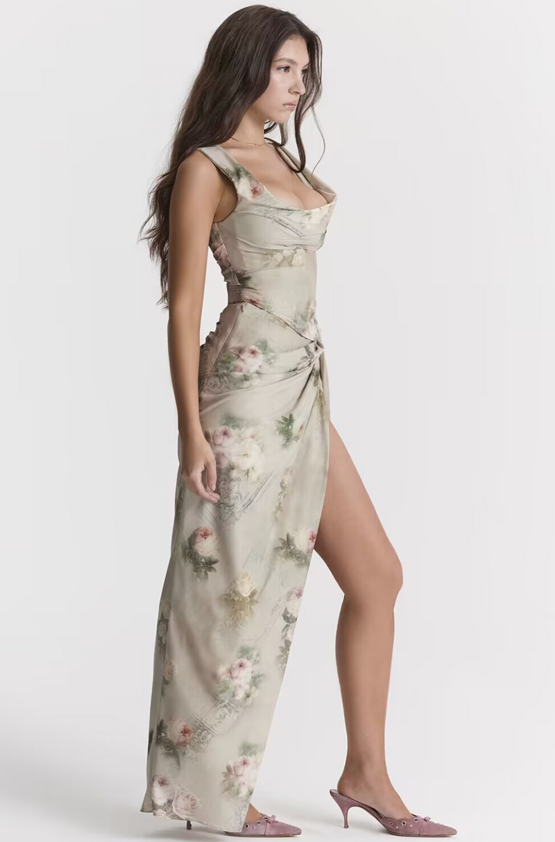 Aurora - Elegantes Maxikleid im Korsett-Stil mit Schnürung und Blumenmuster