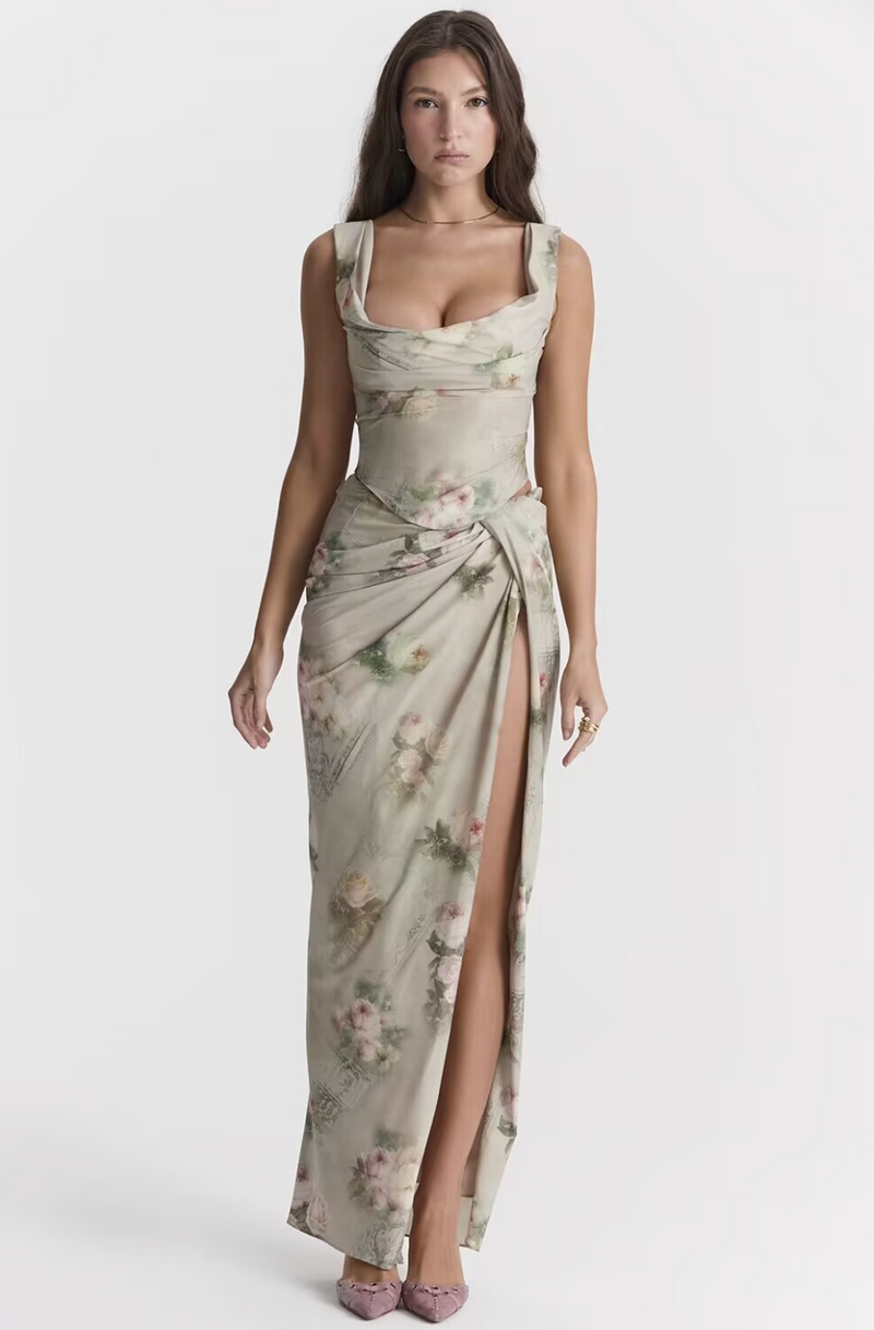 Aurora - Elegantes Maxikleid im Korsett-Stil mit Schnürung und Blumenmuster