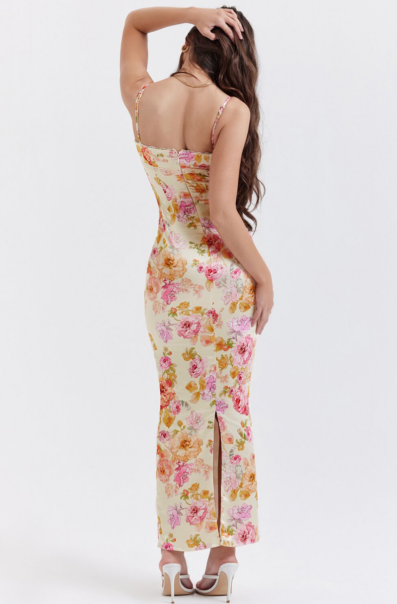 Buntes Maxikleid mit Spaghettiträgern und Blumenmuster