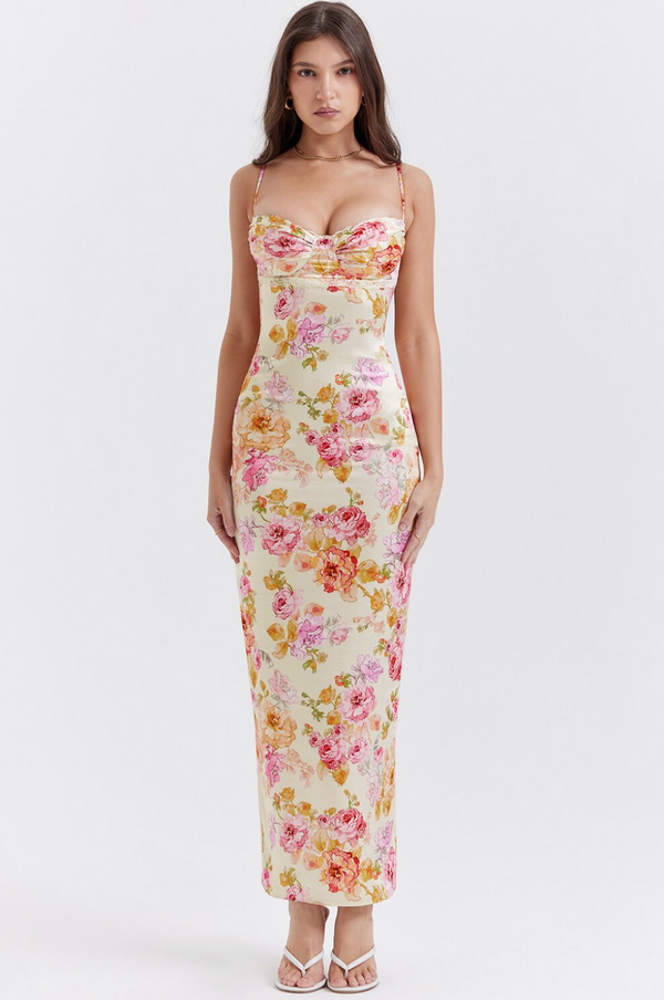 Buntes Maxikleid mit Spaghettiträgern und Blumenmuster