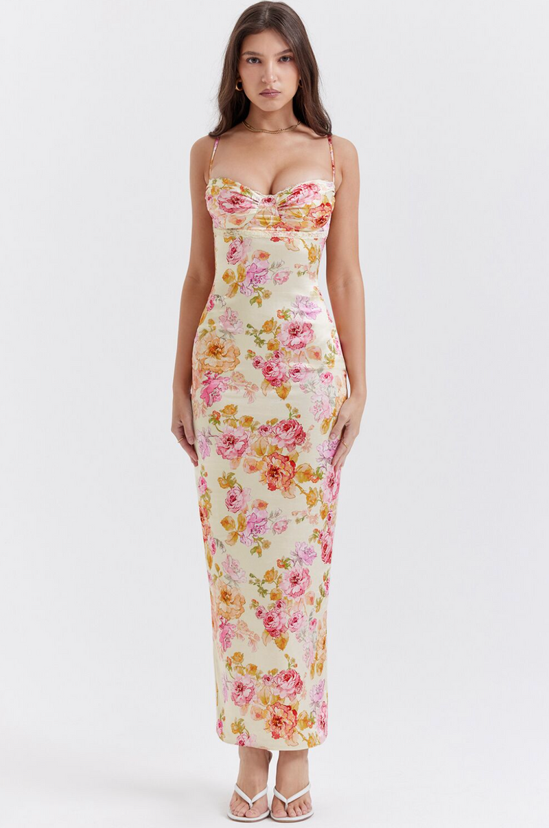 Buntes Maxikleid mit Spaghettiträgern und Blumenmuster