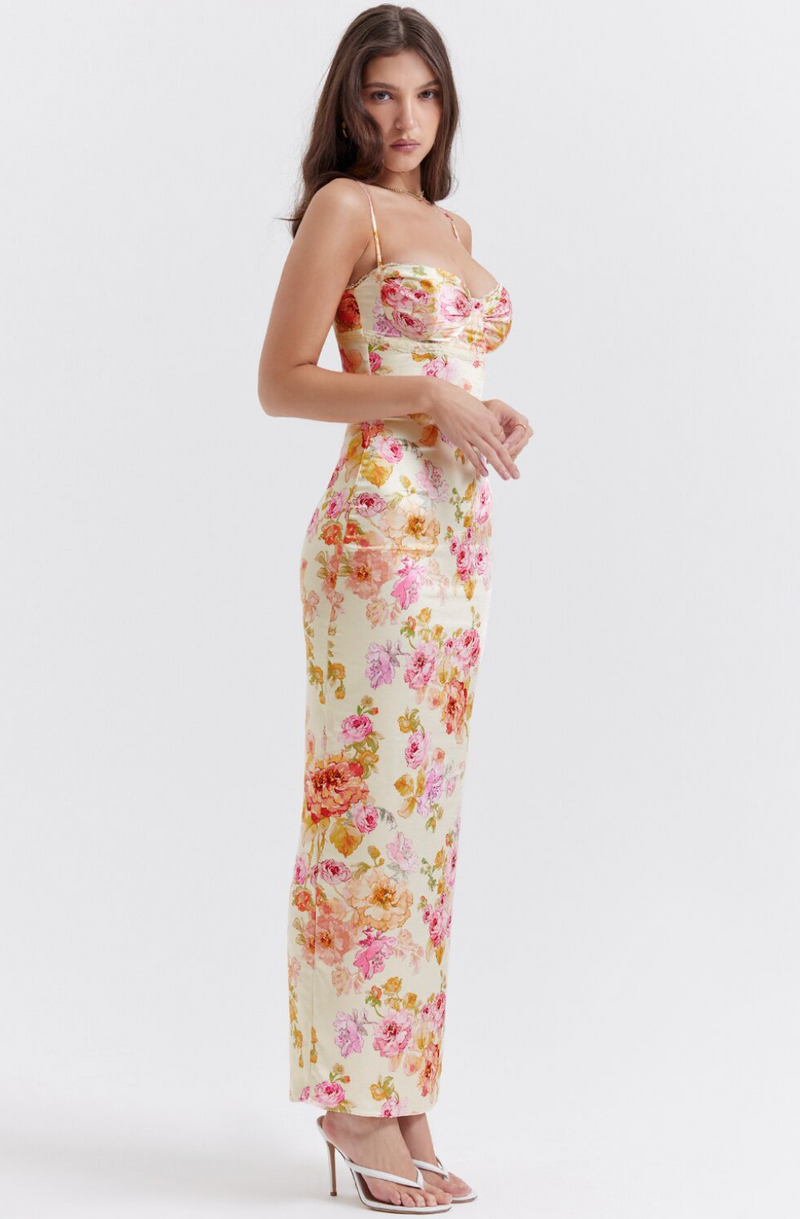 Buntes Maxikleid mit Spaghettiträgern und Blumenmuster