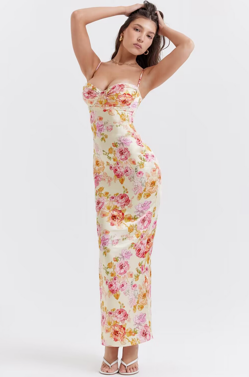 Buntes Maxikleid mit Spaghettiträgern und Blumenmuster