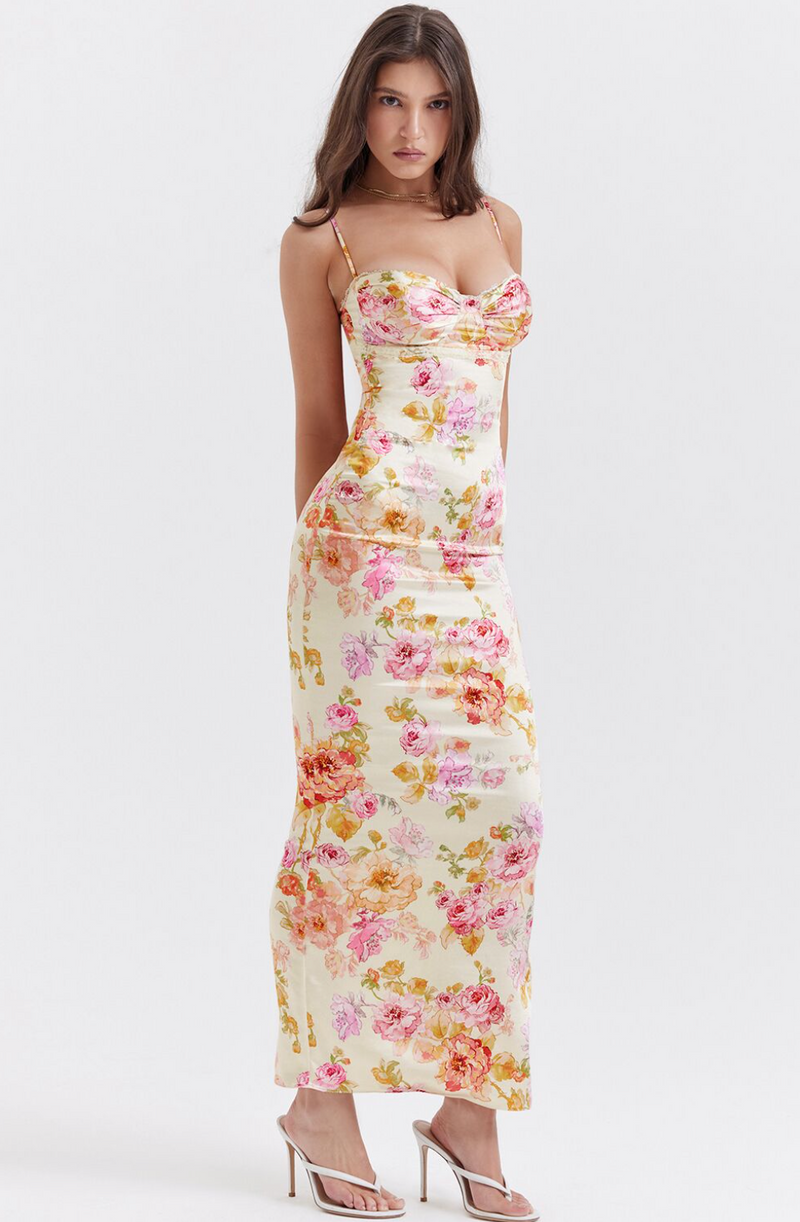 Buntes Maxikleid mit Spaghettiträgern und Blumenmuster