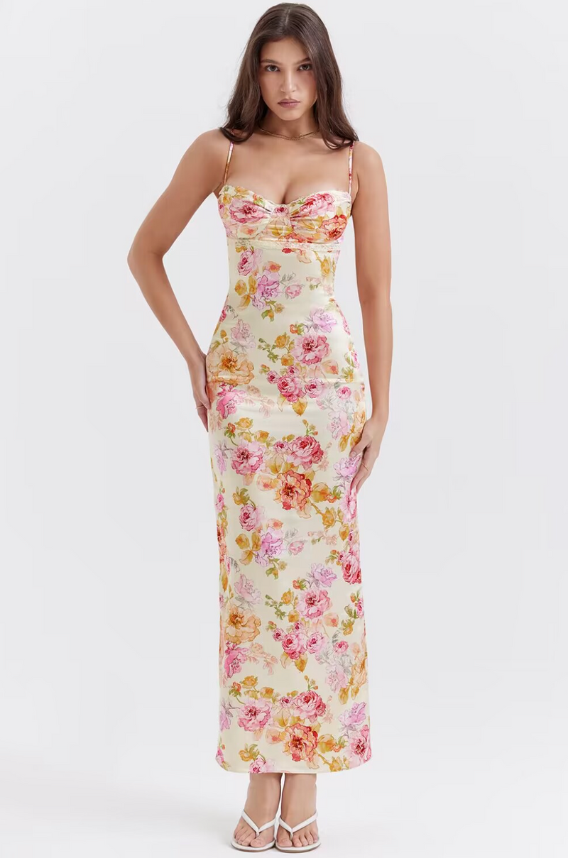 Buntes Maxikleid mit Spaghettiträgern und Blumenmuster