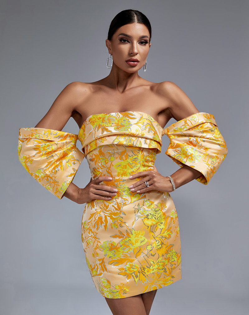 Schulterfreies Minikleid mit Blumenmuster | Gelb und Eleganz