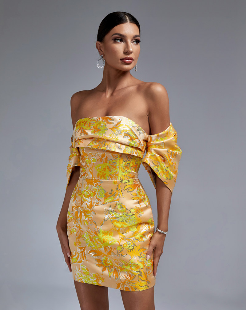 Schulterfreies Minikleid mit Blumenmuster | Gelb und Eleganz