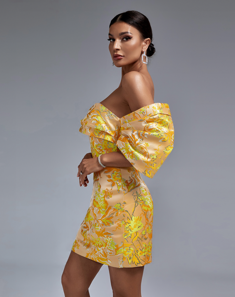 Schulterfreies Minikleid mit Blumenmuster | Gelb und Eleganz