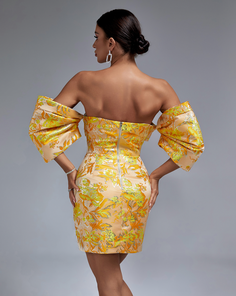 Schulterfreies Minikleid mit Blumenmuster | Gelb und Eleganz
