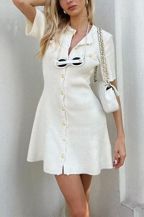 Weiches Kurzarm Knopfverschluss Mini Strickkleid