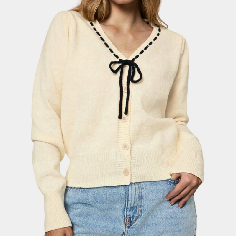 Eleganter Damenpullover mit V-Ausschnitt und Schleife