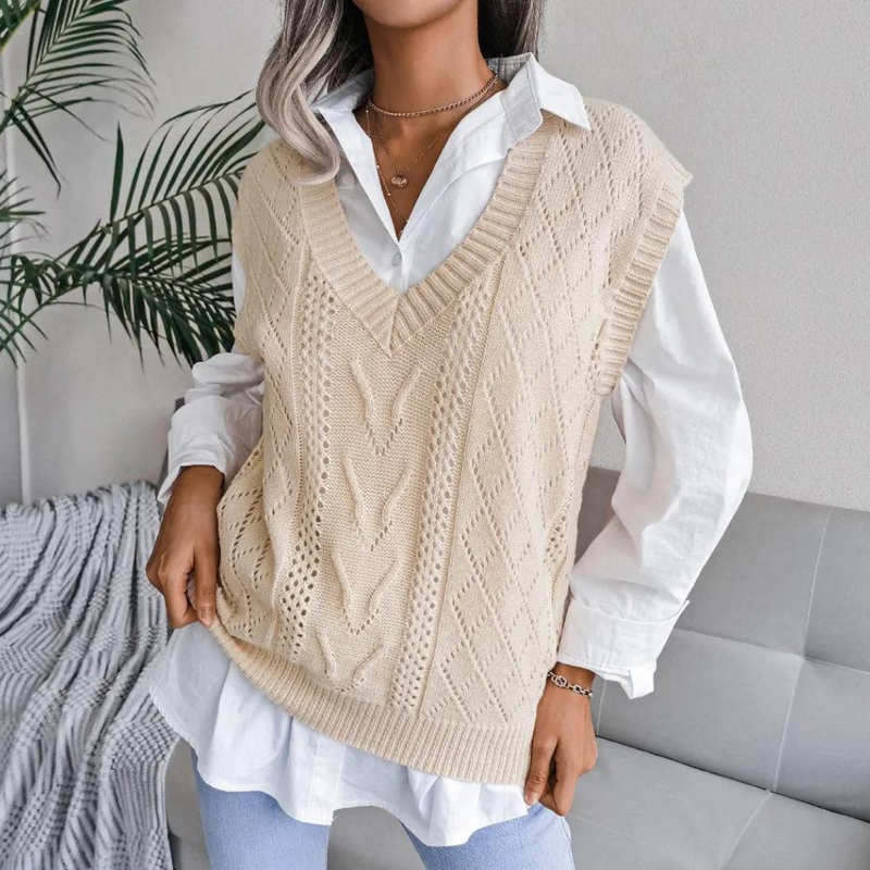 Damen Pulsweste mit V-Ausschnitt und Zopfmuster