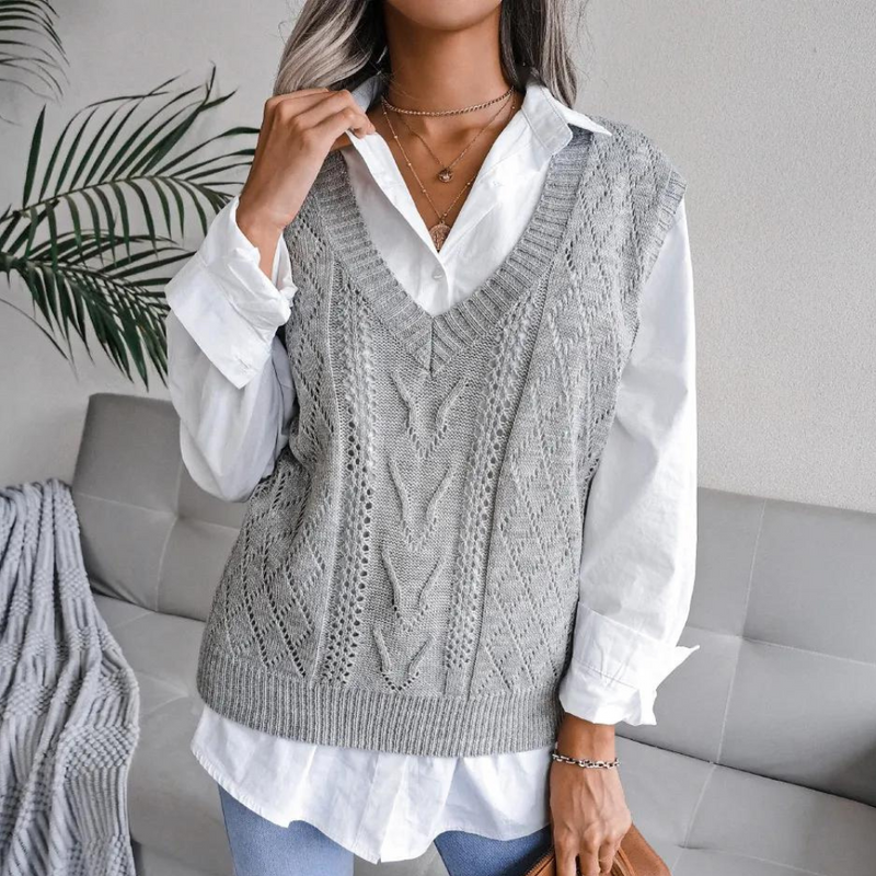 Damen Pulsweste mit V-Ausschnitt und Zopfmuster