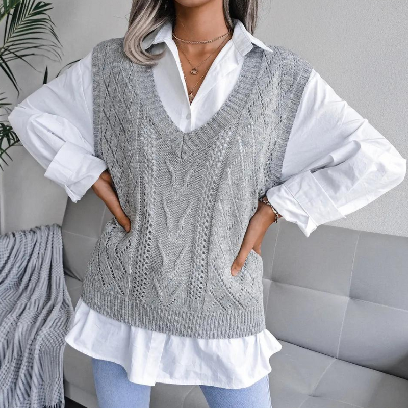 Damen Pulsweste mit V-Ausschnitt und Zopfmuster