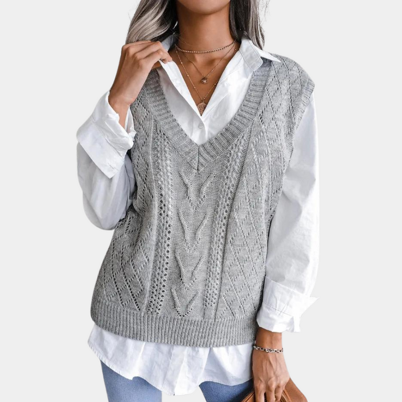 Damen Pulsweste mit V-Ausschnitt und Zopfmuster