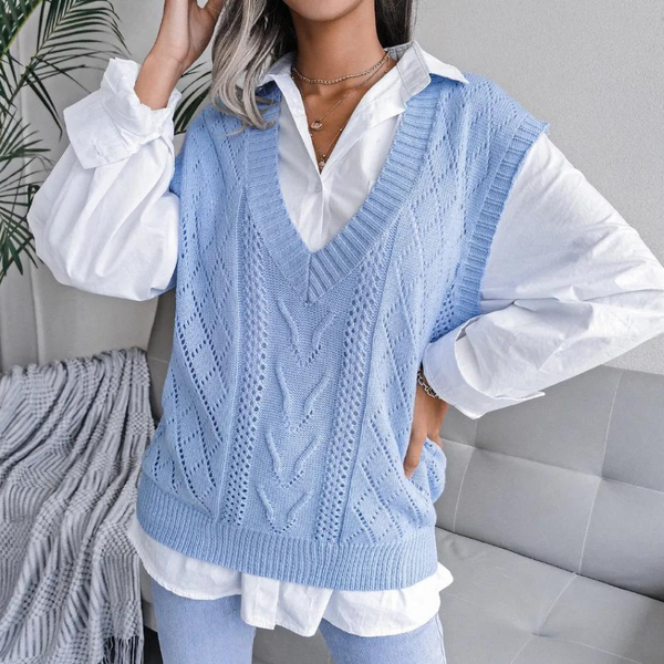 Damen Pulsweste mit V-Ausschnitt und Zopfmuster