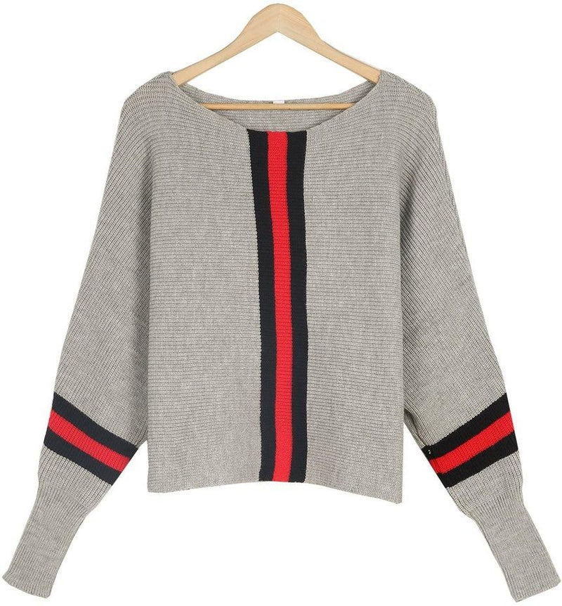 Bequemer Grauer Pullover Mit Roten Streifen für Jeden Tag