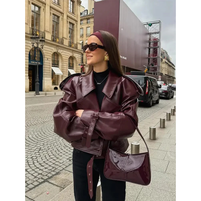 Damen-Cropped-Jacke im Oversized-Stil mit Statement-Gürtel-Design