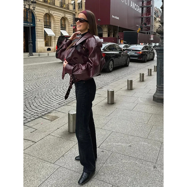 Damen-Cropped-Jacke im Oversized-Stil mit Statement-Gürtel-Design