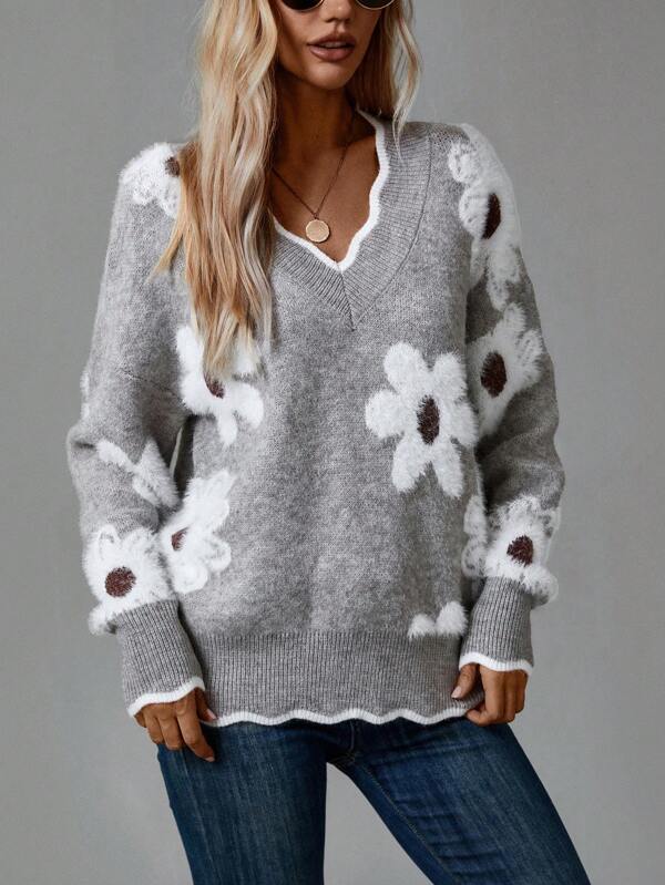 Eleganter Grauer Pullover Mit Blumen Für Damen