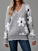 Eleganter Grauer Pullover Mit Blumen Für Damen