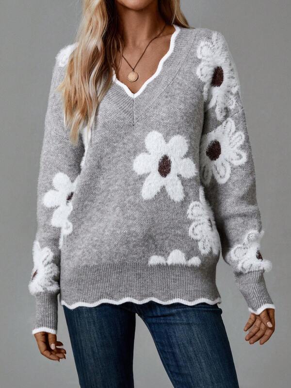 Eleganter Grauer Pullover Mit Blumen Für Damen