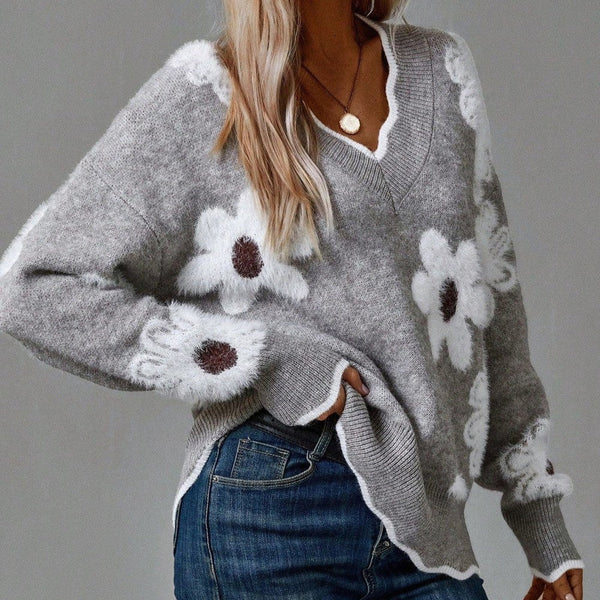 Eleganter Grauer Pullover Mit Blumen Für Damen