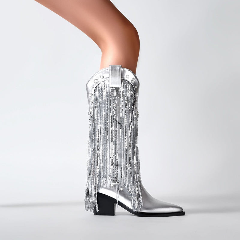 Glitzernde Boheme Western Damen Luftige Fransen Stiefel