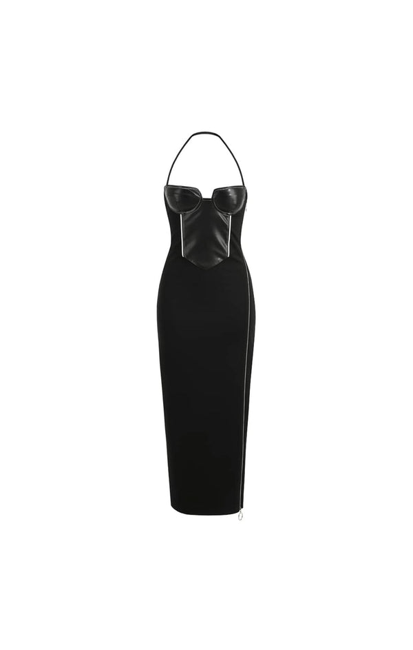 Elegantes Maxikleid mit Reißverschluss und Leder-Torso