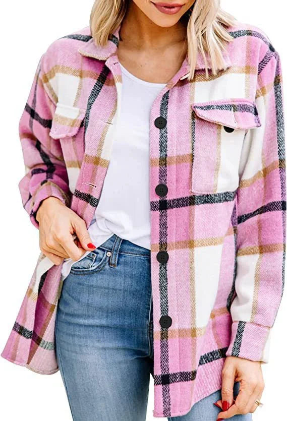 Karierte, warme Damenjacke mit langen Ärmeln