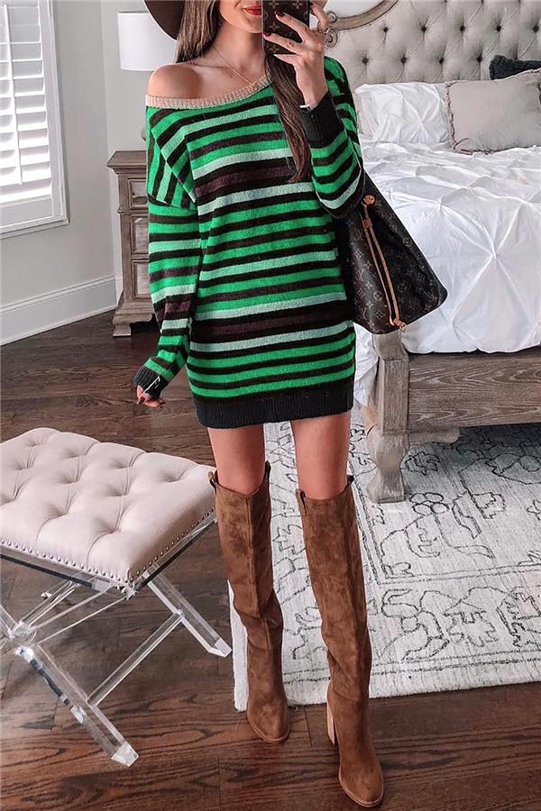 Weiches Rundhals Gestreiftes Lockeres Kleid für dich Spaß