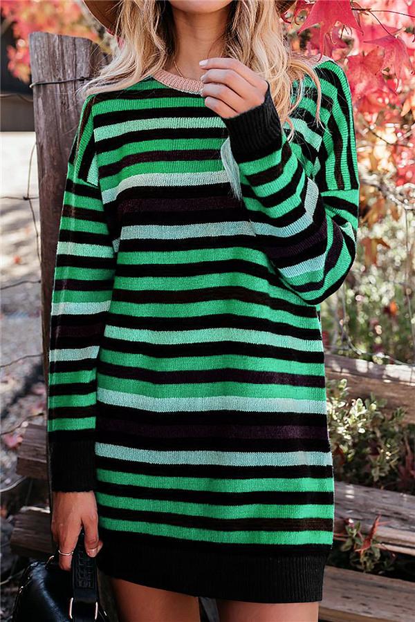 Weiches Rundhals Gestreiftes Lockeres Kleid für dich Spaß