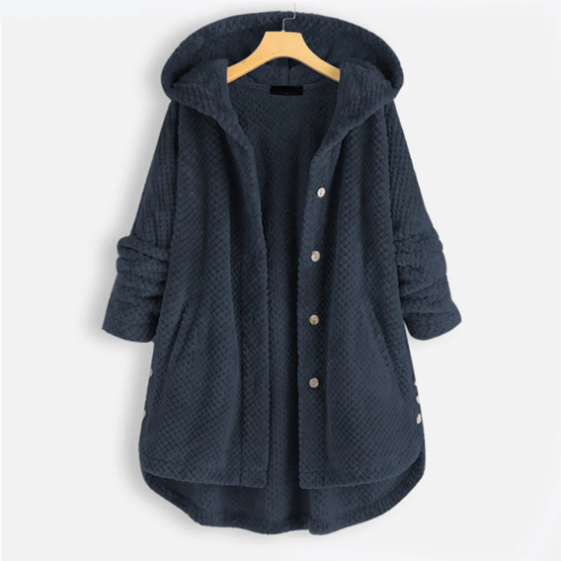 Warme Damenjacke mit Kapuze und Knopfleiste