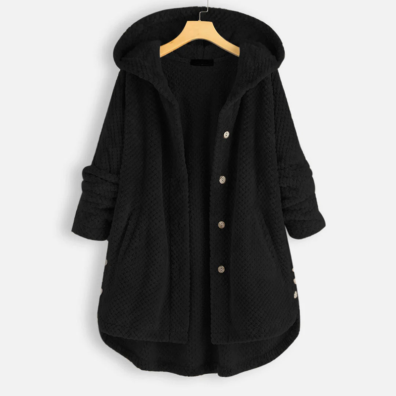 Warme Damenjacke mit Kapuze und Knopfleiste