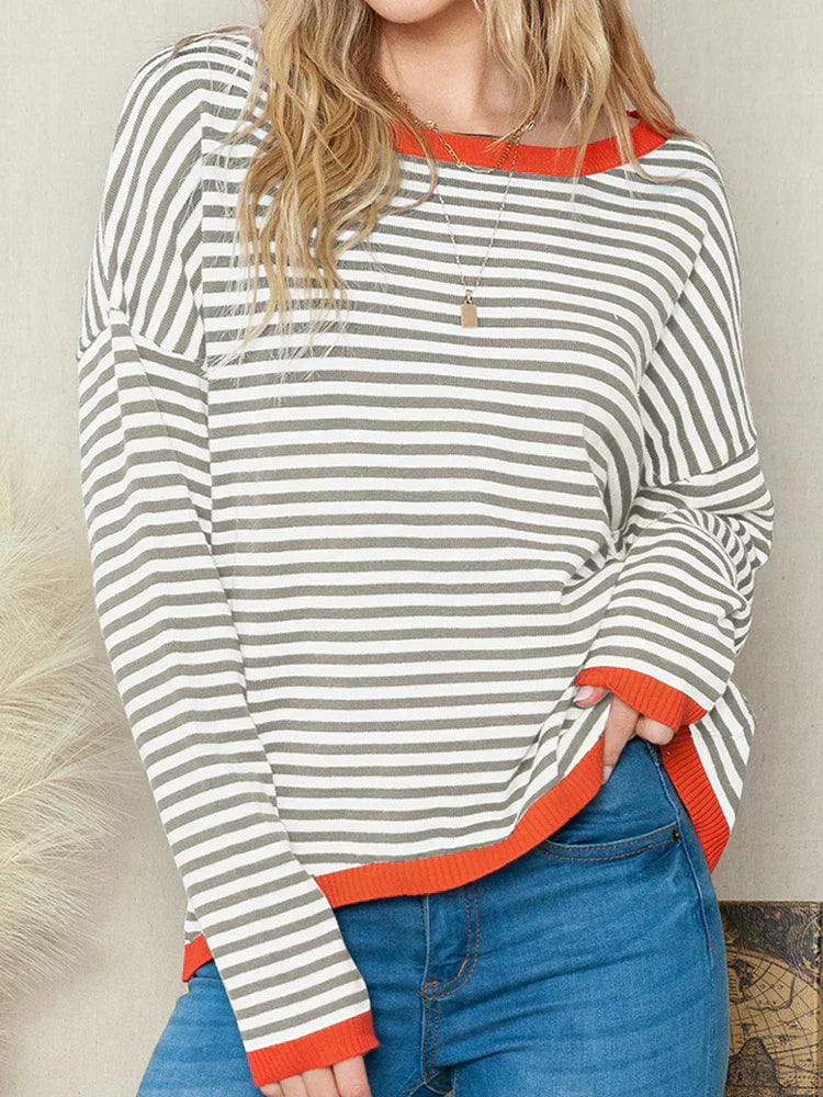 Weicher Langarmpullover In Orange Und Marineblau Gestreift