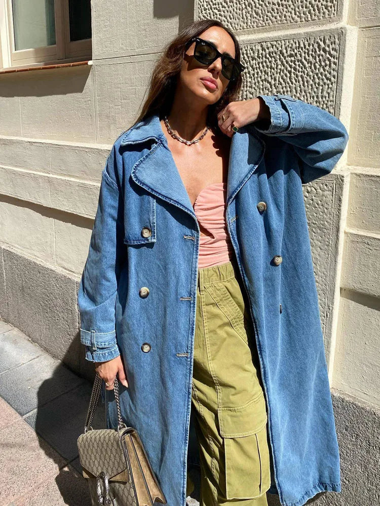 Weicher Langer Blauer Eleganter Trenchcoat Stil Mantel