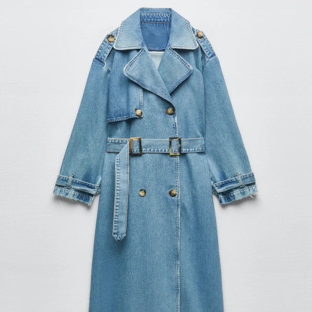 Weicher Langer Blauer Eleganter Trenchcoat Stil Mantel
