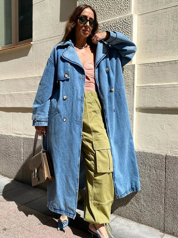 Weicher Langer Blauer Eleganter Trenchcoat Stil Mantel