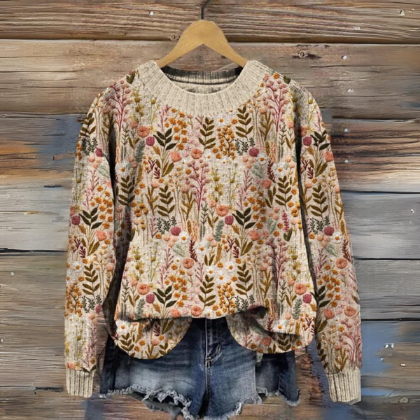 Weicher Strickpullover Mit Bunten Gestickten Blumen